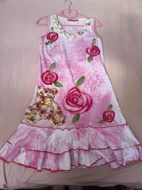 Y2K Rosette Teddy Bear Coquette Pink Floral Mini Dress with Ruffle Hem
